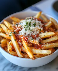 A bowl of french fries topped with sauce and cheese