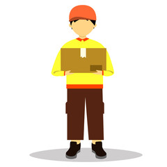 Flat illustration of delivery man carrying a large package box in faceless style