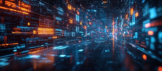 A futuristic digital tunnel filled with data and code