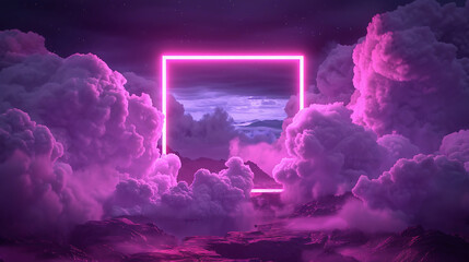 Abstract fantastic neon background. Terrain landscape with glowing square frame, stormy clouds, and mountains at night.