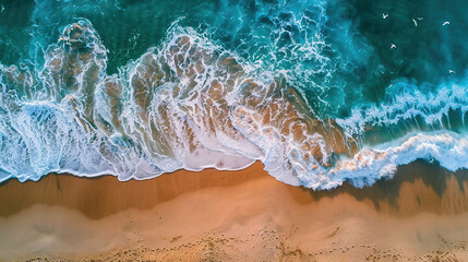A high angle view of a pristine beach at dawn, with gentle waves and seagulls.