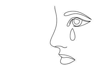 SingleLine Drawing Weeping Womans Profile, Sadness, Grief, Sorrow, Tears