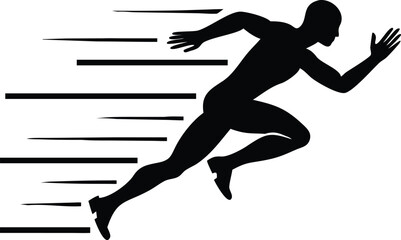 Speed Silhouette Dynamic Male Runner Sprinting with Motion Trail, Isolated Black on White