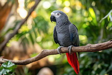 Obraz premium Grey parrot perched on branch with red tail and soft natural light