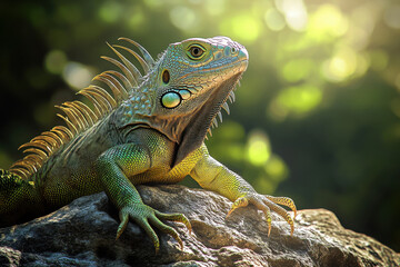 Obraz premium Iguana basking on rock with soft natural light and vibrant green scales