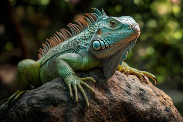 Fototapeta premium Detailed iguana on textured rock, basking in soft sunlight and serene surroundings