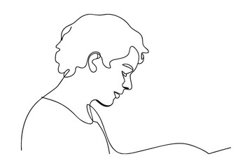 Singleline drawing, youthful profile, pensive expression, downward gaze, contemplation, minimalist a
