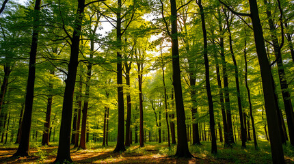 Obraz premium Sunlight Through the Trees: A Forest Scene Emphasizing the Beauty of Preservation – Generative AI