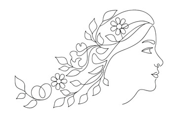 Floral Hair Woman Line Art Drawing Sketch Outline Profile
