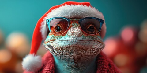 Cool Chameleon Pet in Santa Hat and Sunglasses for Saint Nicholas Day Greeting Card