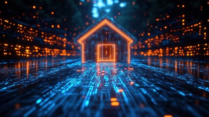 Smart Home Technology Hologram Icon on Glowing Microcircuit Digital Security System Concept