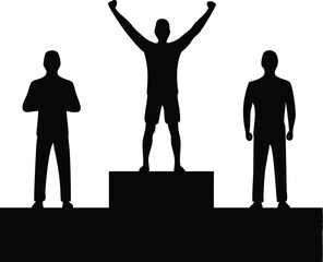 Three Silhouette Figures on Podium, One with Arms Raised, Black on White Isolated