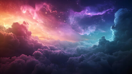 Colorful Nebula And Starry Sky Scene With Fantasy Clouds In Dark Background