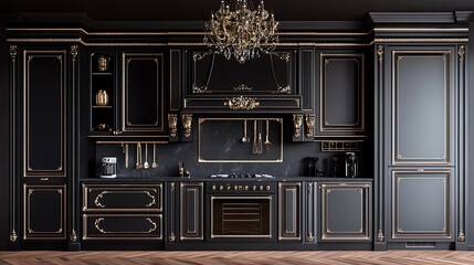 Obraz premium Opulent kitchen, black cabinets, gold accents, modern design, chandelier lighting, luxury interior
