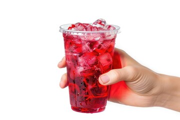 Women Handle Holding Ice Water Italian Soda Red in Plastic Cup ,Isolated on White