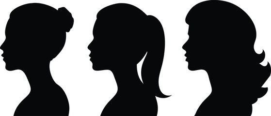 Three Woman Silhouette Head Profiles, Hair Variations, Bun, Ponytail, Wavy, Black Shapes