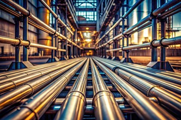 Obraz premium Industrial Metal Pipes Pathway A Gleaming Network of Polished Steel Tubing in a Modern Facility
