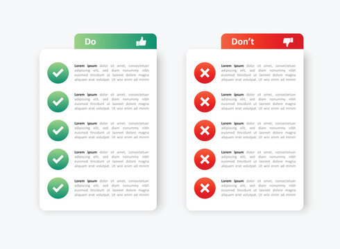 Do and dont icon in flat style. Dos and Don'ts vector illustration on isolated background. Pros and Cons sign business concept.