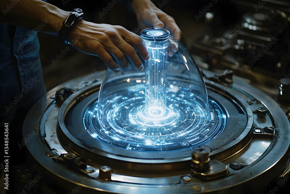 Aufkleber futuristic cylinder with glowing orange rings and digital interface. ideal for sci-fi films games or