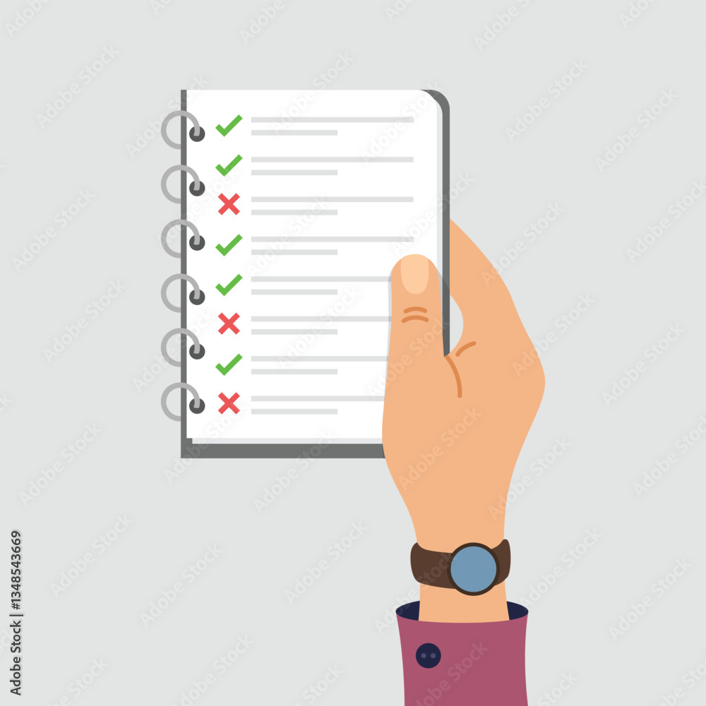Poster shopping list in hand icon in flat style. memo pages vector illustration on isolated background. dai