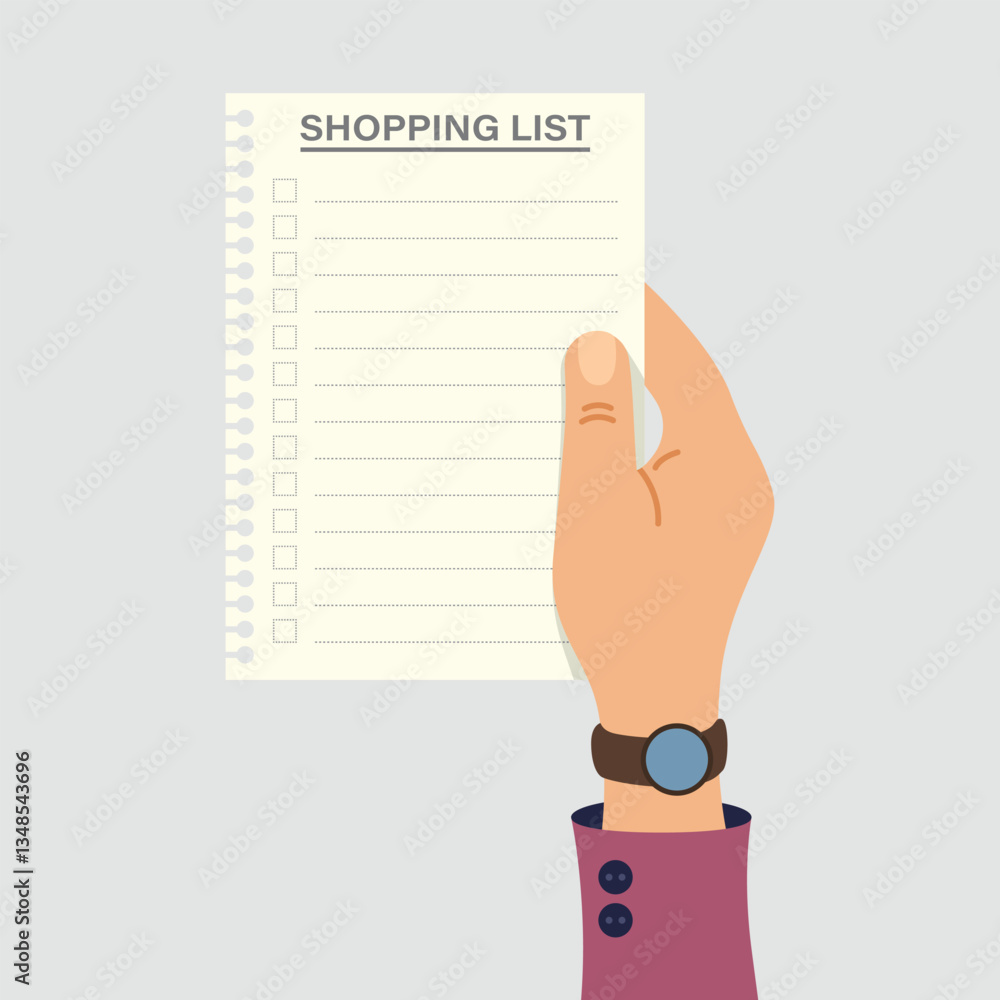 Poster shopping list in hand icon in flat style. memo pages vector illustration on isolated background. dai