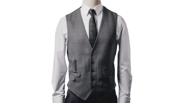 Businessman wearing grey waistcoat, white shirt and tie on transparent background