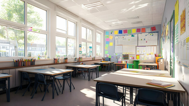 Bright Pixelated Classroom Interior With Sunlight