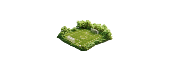 3D illustration of a grass field with a soccer goal and a ball on a white background