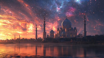 A Stunning Mosque Silhouetted Against a Starry Glowing Sky