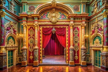 Obraz premium Opulent gilded interior with crimson drapes and ornate columns revealing a stage-like space