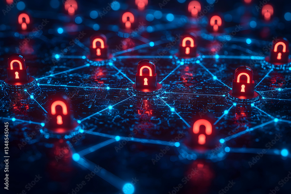 Aufkleber network security visualization with glowing padlocks connected by lines. ideal for cybersecurity pre