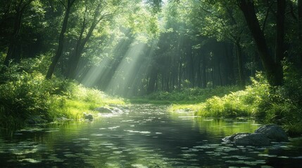 Obraz premium Serene Forest River Sunlight Peaceful Nature Scene