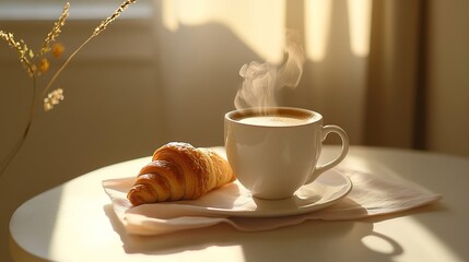 A wooden table with a steaming cup of coffee and a golden croissant, a bouquet of pink flowers nearby, large glass windows letting in natural light in the background