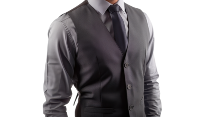 Businessman wearing grey vest and navy blue tie on transparent background