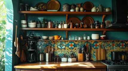 A colorful and well equipped kitchen with open wooden shelves