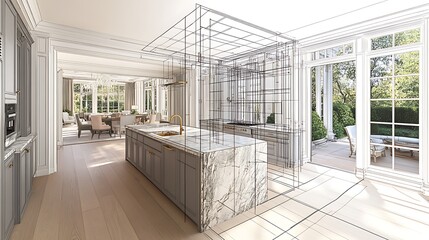 Modern kitchen rendering with island and view of patio, design concept