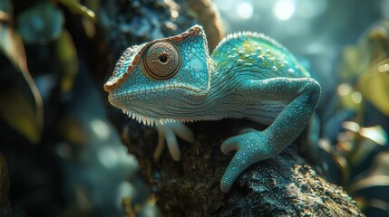 Fototapeta premium Close-up of a vibrant blue chameleon on a branch in a lush terrarium