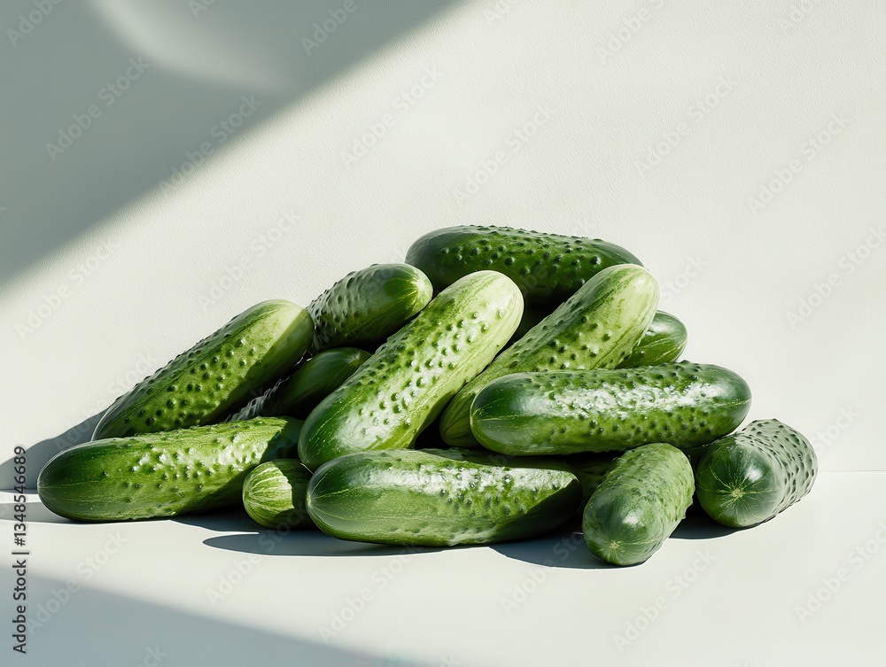 Aufkleber fresh green cucumbers stacked organically on soft background with sunlight creating gentle shadows f