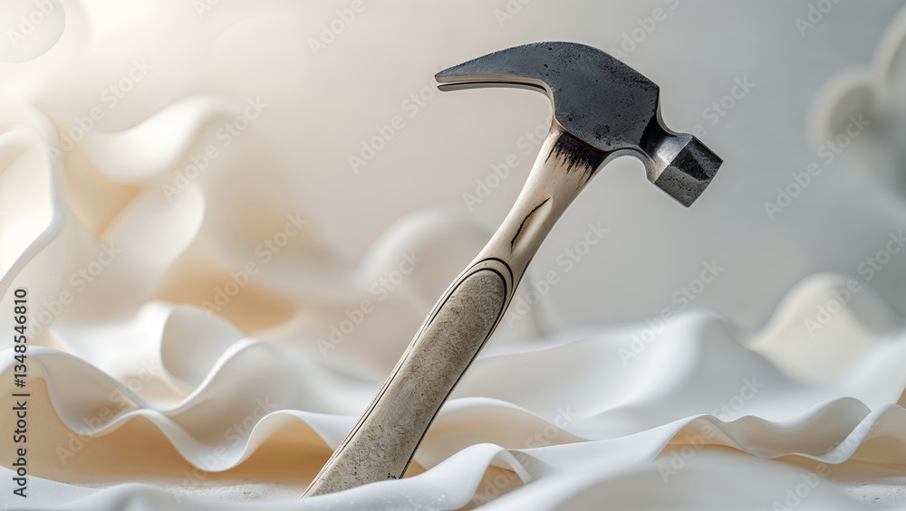 Aufkleber hammer resting on white fabric in soft light, showcasing craftsmanship and tools used in constructio