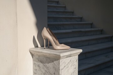 Elegant High Heel Shoe on Marble Pedestal with Soft Lighting