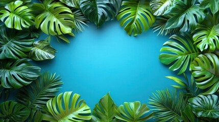 Tropical leaves frame on blue background nature