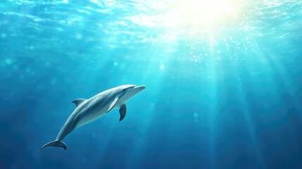 Fototapeta premium Dolphin swimming underwater, sunlight rays