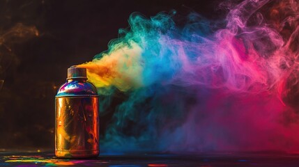 A spray paint can releasing colorful smoke in blue, yellow, pink, and orange, the background dark, the smoke dotted with tiny colorful particles