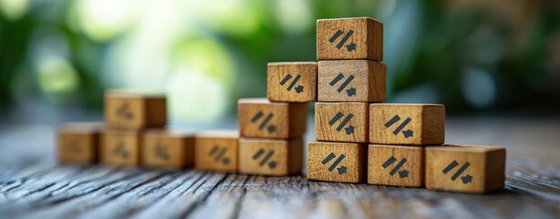 Investment strategies and financial growth using wooden blocks with percentage symbols and arrows for retirement planning and stock returns