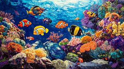 Fototapeta premium Vibrant Coral Reef With Colorful Fish Swimming