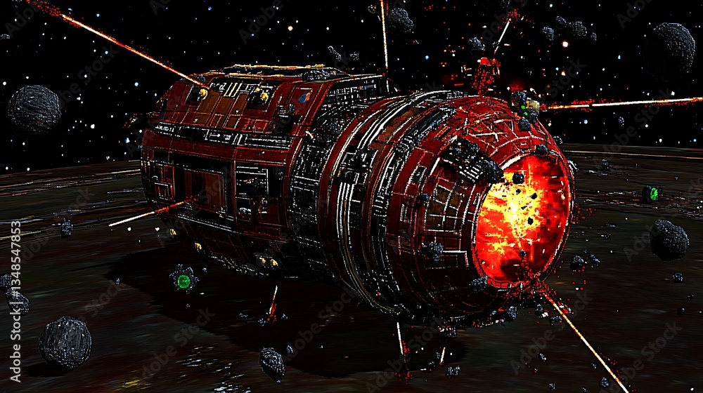 Poster red spaceship experiencing some sort of intense space combat in the cosmos