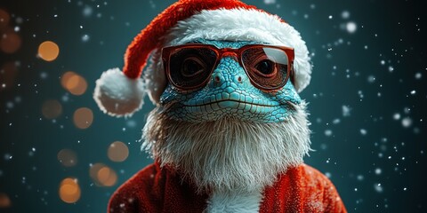 Cool Funny Chameleon Pet in Santa Hat and Sunglasses on Green Background for Merry Christmas Greeting Card