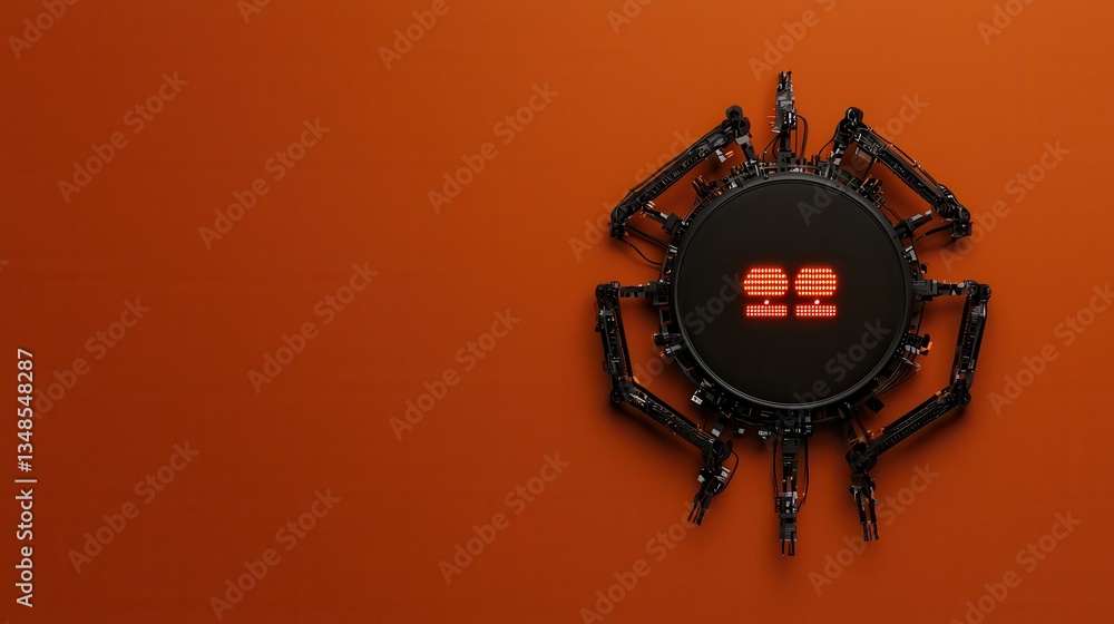 Poster futuristic robot design with digital display on orange background