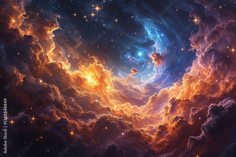 Aufkleber cosmic nebula with glowing clouds and bright stars in deep space.