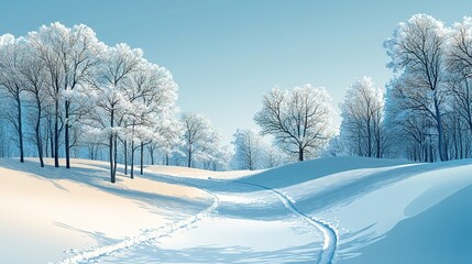 Obraz premium A snow covered landscape with trees and footprints in the snow